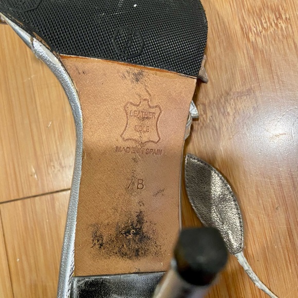 COUP D’ÉTAT Heels with wrap around ankle straps.  Bronze and Silver Leafs - Picture 7 of 7